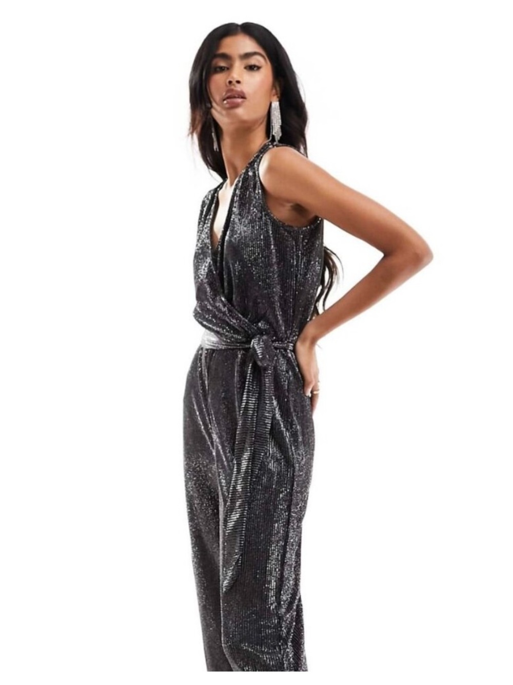 JDY Black Silver Glitter Shimmer Belted V-Neck Jumpsuit Size M 6-8